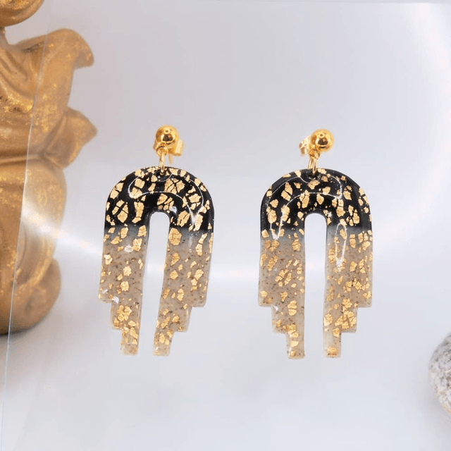 Boucles d'oreilles pendantes originales noir gris et éclat doré acier inoxydable